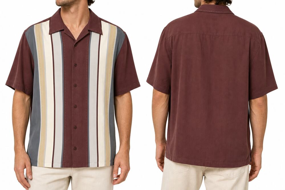 Nat Nast Men's 100% Silk Color-block Striped Short Sleeve Camp Bowling Shirt L